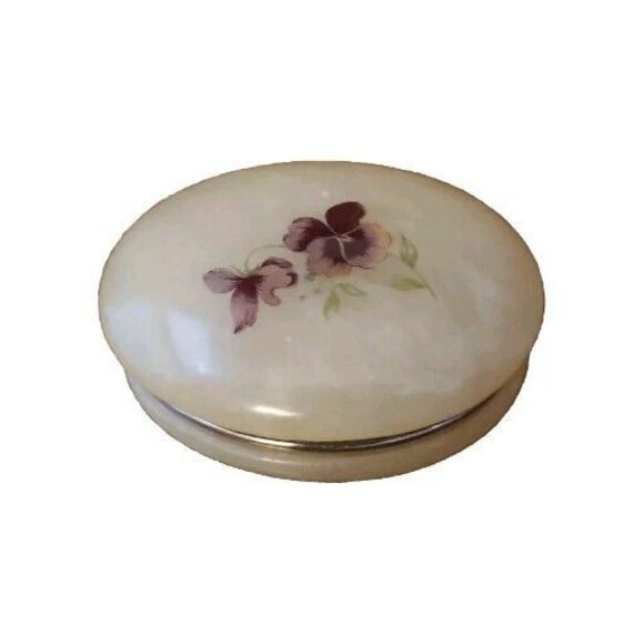 Hand Carved Genuine Alabaster Trinket Box Made in Italy Hinged Lid Purple Flower - Picture 1 of 8